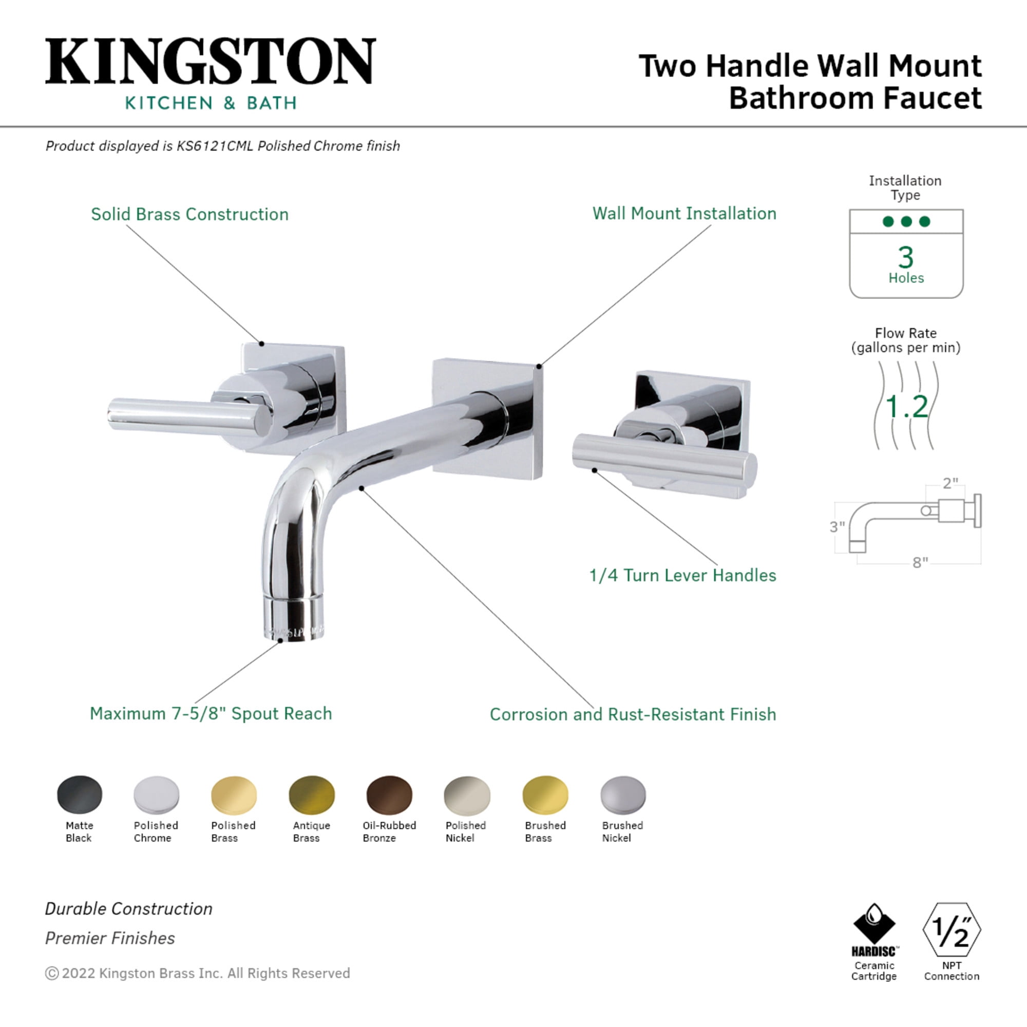 Kingston Brass KS6123CML Manhattan Double-Handle Wall Mount Bathroom Faucet, Antique Brass