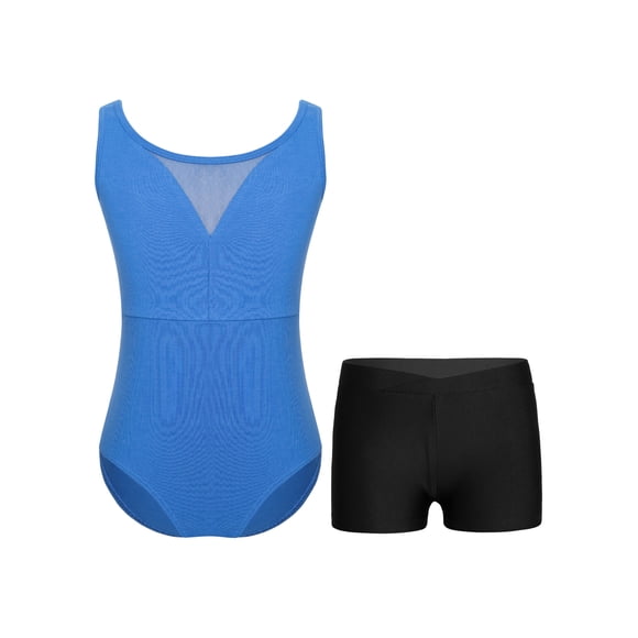 dPois Girls Sleeveless Solid Leotard with Shorts Set for Ballet Dance Gymnastics Yoga Gym Athletic Tracksuits Blue 12