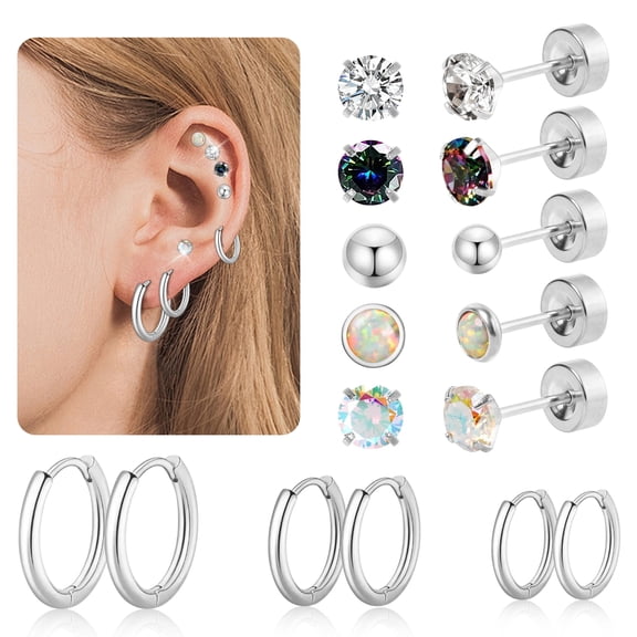 8 Pairs Surgical Steel Earrings for Sensitive Ears Hypoallergenic 20G Stainless Steel Stud Hoop Earrings for Women Men Small Opal Ball CZ Surgical Steel Flat Back Earrings
