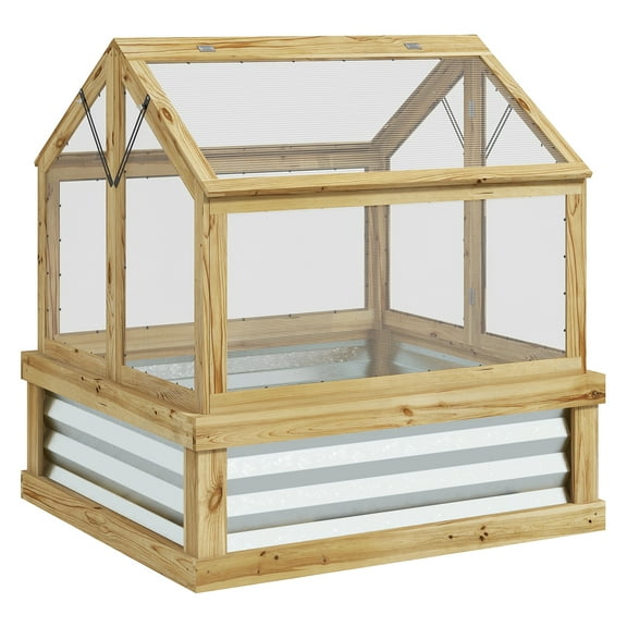 Raised Garden Bed with Polycarbonate Greenhouse, Garden Wooden Cold Frame Greenhouse Flower Planter Protection, Roof, 35.5" x 31.5" x 36", Natural