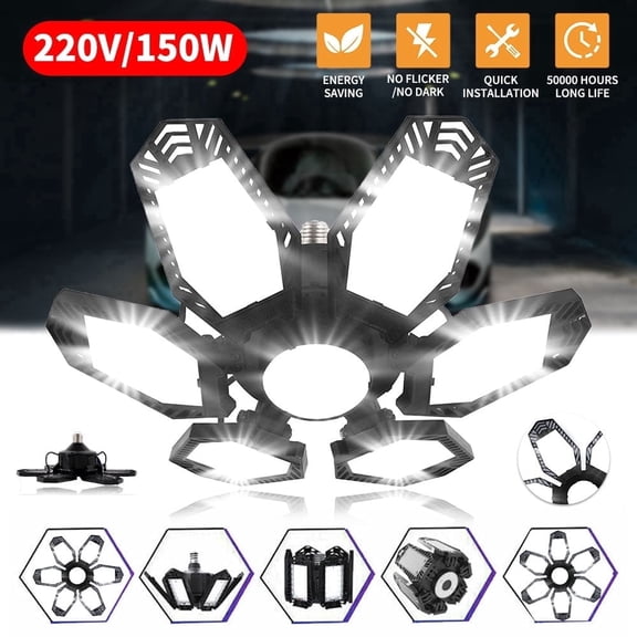 LED Garage Light, 150W Deformable LED Ceiling Light with Adjustable Panels, E26/E27 Base, 4200LM 6500K Ultra Bright Shop Light for Garage, Warehouse, Workshop, Basement, 1 Pack