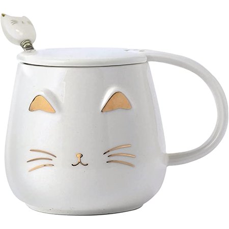 

Egebert Cat Mug Cute Coffee Mug gifts for cat lovers Ceramic Cup Novelty Mug with Lid and Stainless Steel Spoon Christmas Birthday Gifts Present for kids Women Girls (White)