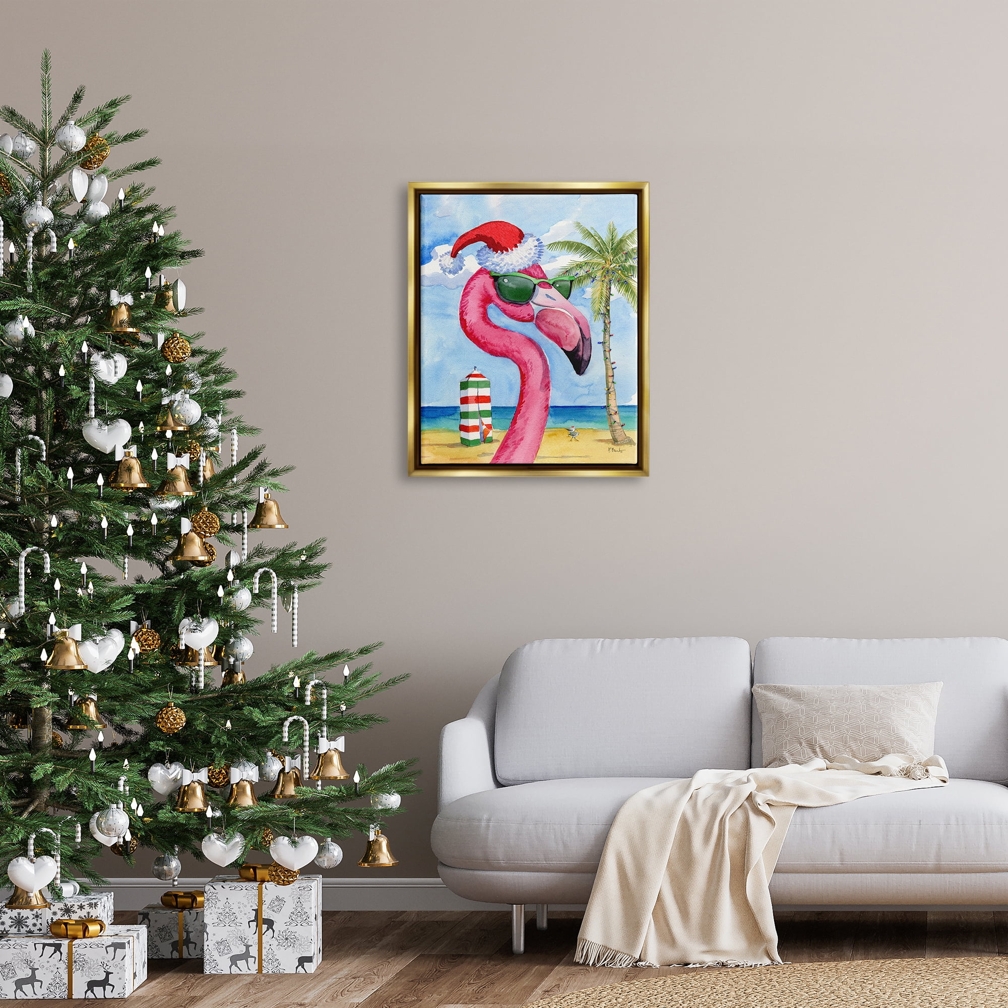 Stupell Industries Flamingo Tropical Christmas Holiday Painting Gold Floater Framed Art Print Wall Art, 25 x 31