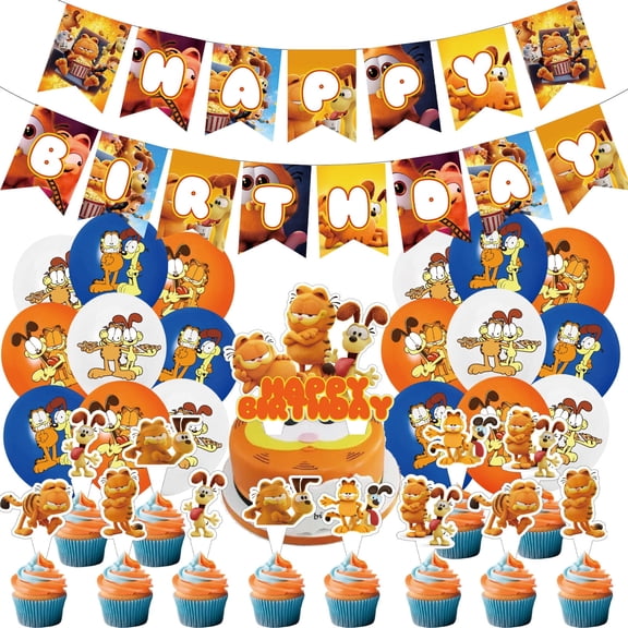 32 PCS For Garfield Cartoon Theme Party Decorations Set,With 1 Happy Birthday Banner,18 Balloons,13 Cupcake Toppers,for Boy Girls Party Supplies Set