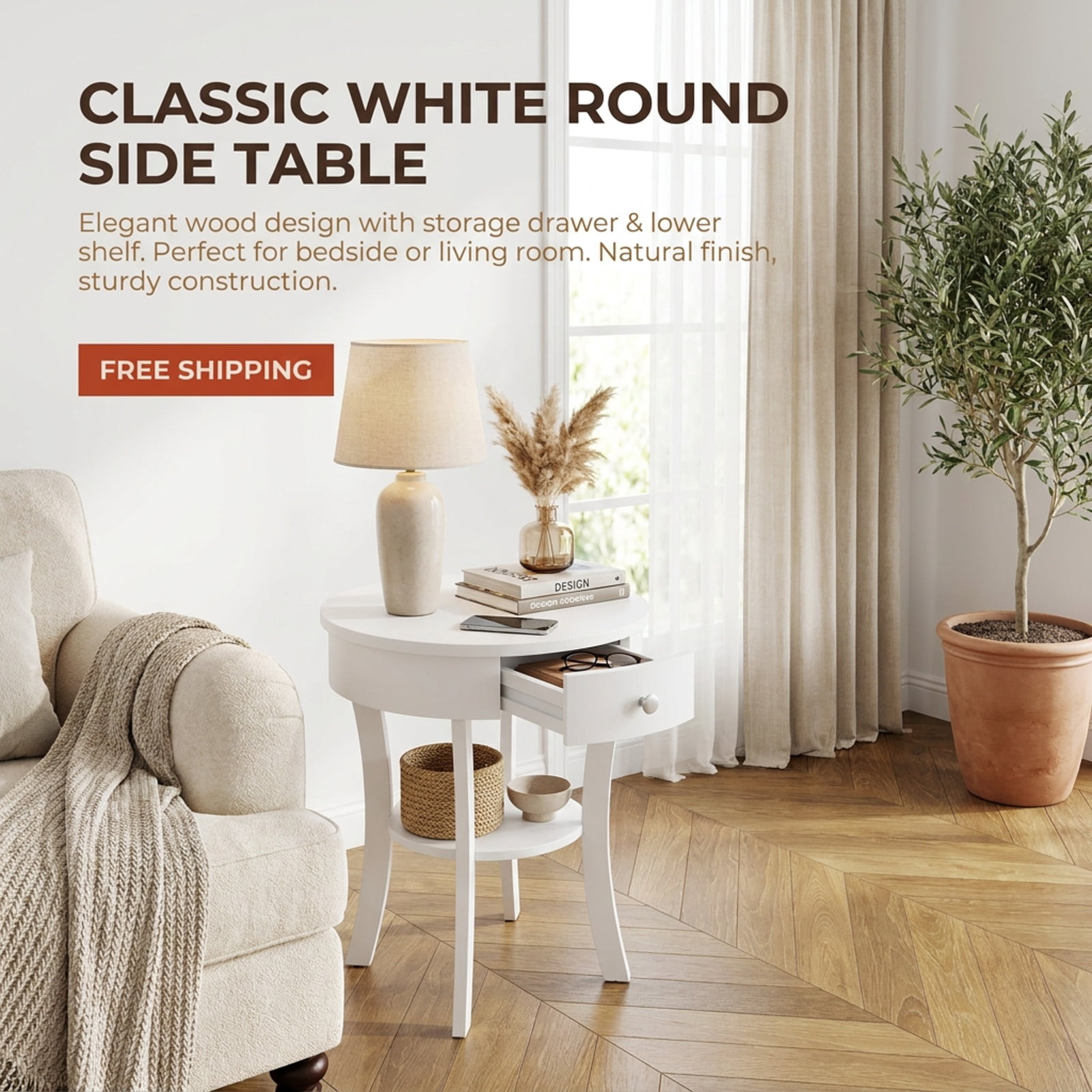 Furnibear 2 Tier Round End Table with Open Drawer and Bottom Shelf and Rubber Wood Legs for Living Room Bedroom and Sofa Side Storage, White