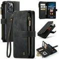 thumbnail image 1 of CaseMe Wallet Case Premium Handmade PU Leather Phone Case Card Slots Magnetic Closure Zipper Pocket Kickstand Flip Case with Hand Strap for iPhone 14 (Black), 1 of 9
