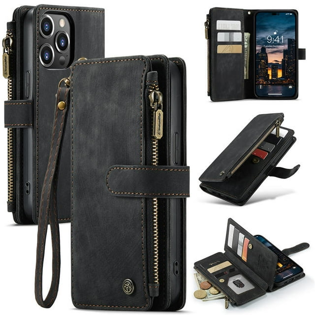 CaseMe Wallet Case Premium Handmade PU Leather Phone Case Card Slots Magnetic Closure Zipper Pocket Kickstand Flip Case with Hand Strap for iPhone 14 (Black)