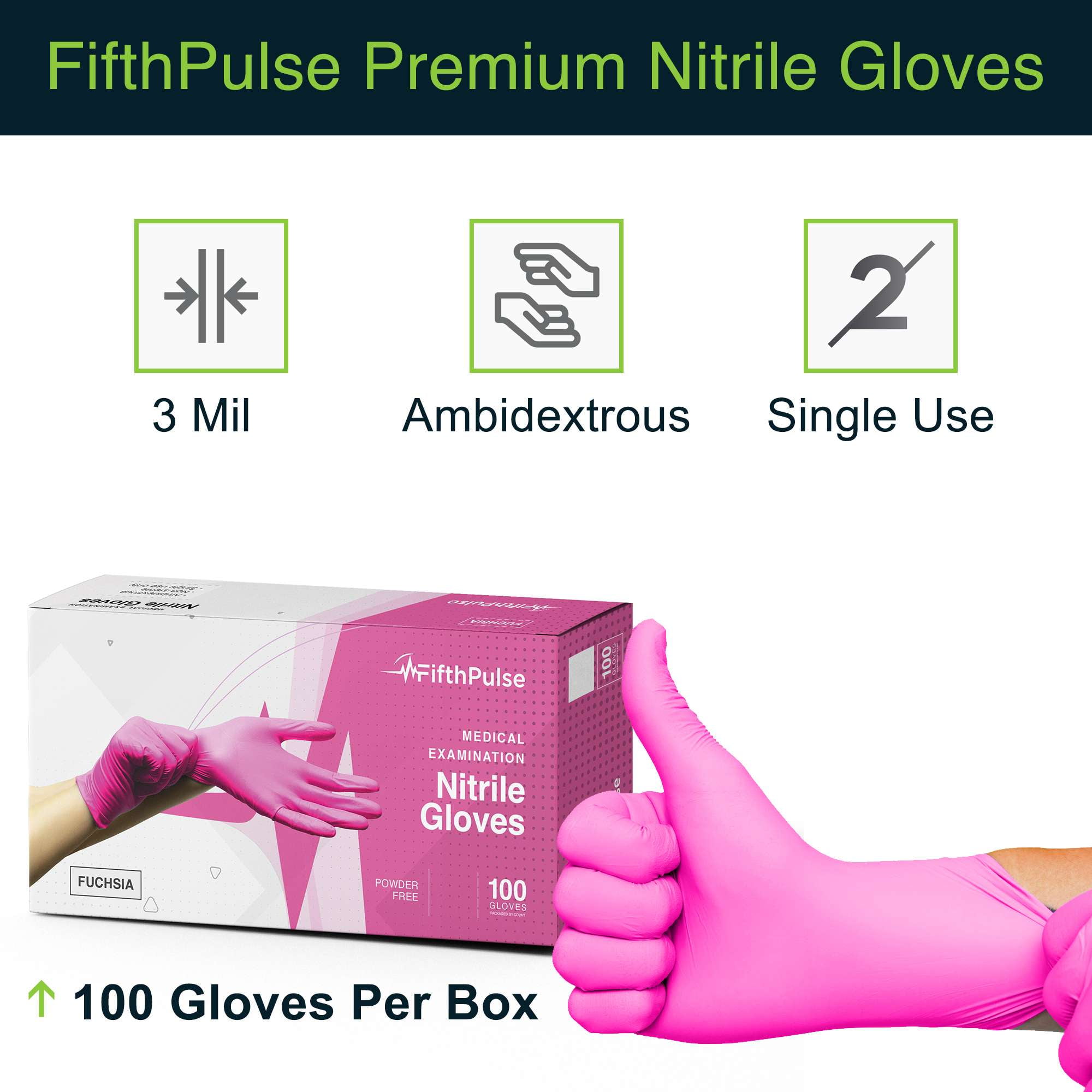Fifth Pulse Disposable Nitrile Gloves M - Hot Pink Fuchsia [100] Latex & Powder Free Gloves Medial Grade, Food Grade