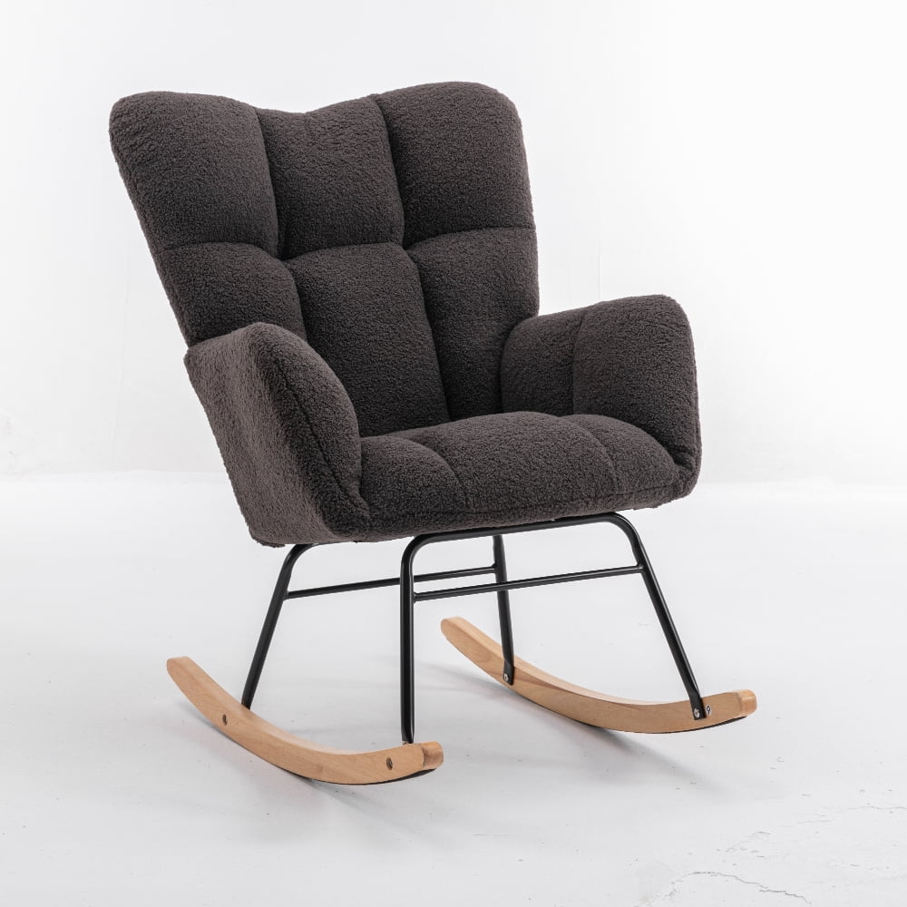 Oufan Leisure Rocking Chair With Upholstered, Teddy Fabric Nursery Rocking Chair with High Backrest & Solid Wood Frame for Living Room, Bedroom