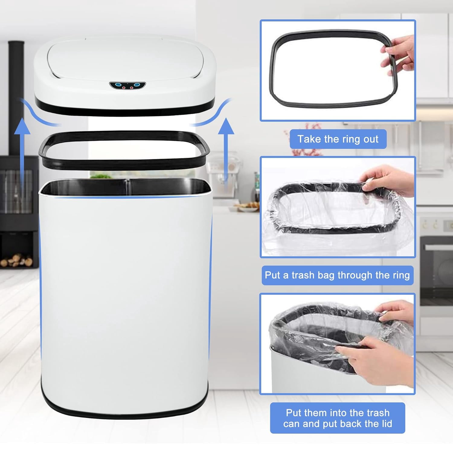 Dkelincs 13 Gallon Touch-Free Automatic Trash Can Stainless Steel Kitchen Garbage Can Waste Bin with Lid, White