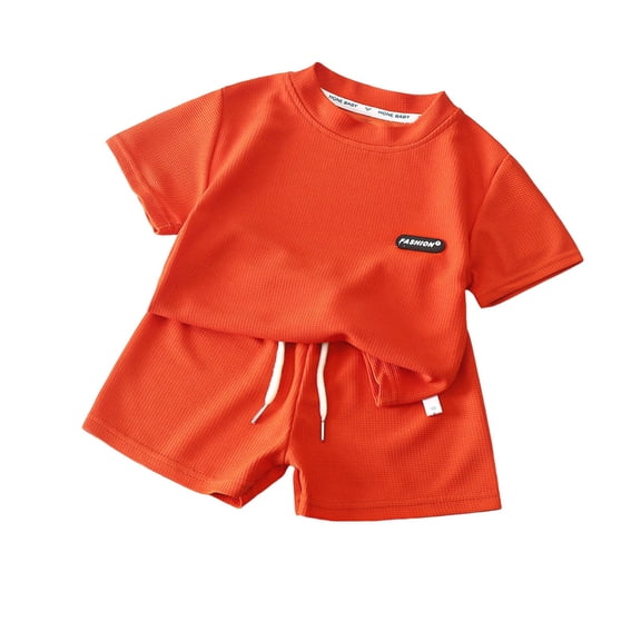 Hrsba Toddler Boy Outfits Summer Solid Color Red Crew Neck Short Sleeve Top Elastic Waist Shorts Casual 2 Piece Outfit for Kids