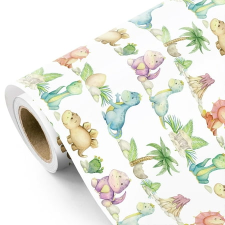 WRAPAHOLIC Dinosaur Baby PriNst Shower Wrapping Paper - Mini Roll - 17 Inch x 16.5 Feet - Watercolor Dinosaur Wrapping Paper for Baby Shower, Boys Birthday, Baptism Gift Wrap