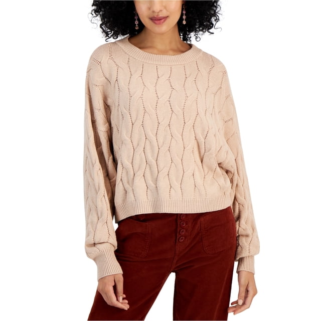 Pink Rose Womens Cable-Knit Cropped Crewneck Pullover Sweater, Beige, Small