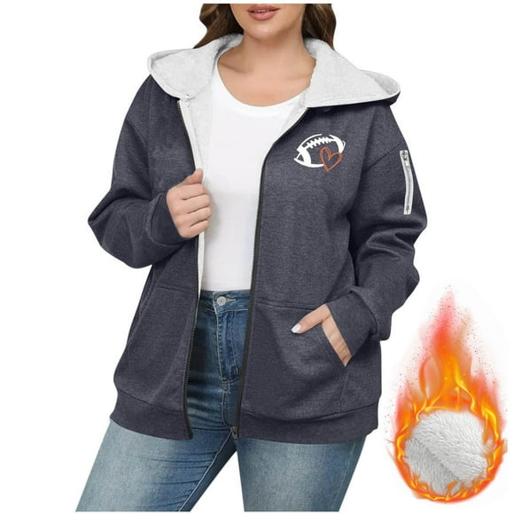 Mevxay Oversized Football Sweatshirt Jacket for Women Fleece Graphic Zip Up Hoodie Plus Size Y2K Sherpa Lined Hooded Coat Game Day Mom Shirts with Pockets Gray 4XL