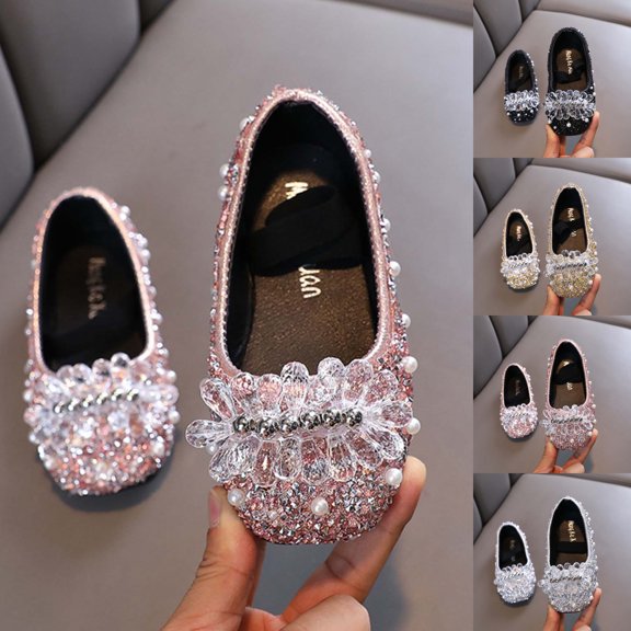 SGFCWSX Girls Party Shoes Kids Rhinestone Crystal Flower Pearl Glitter Wedding Party Flats Pink Size 11 Little Kids