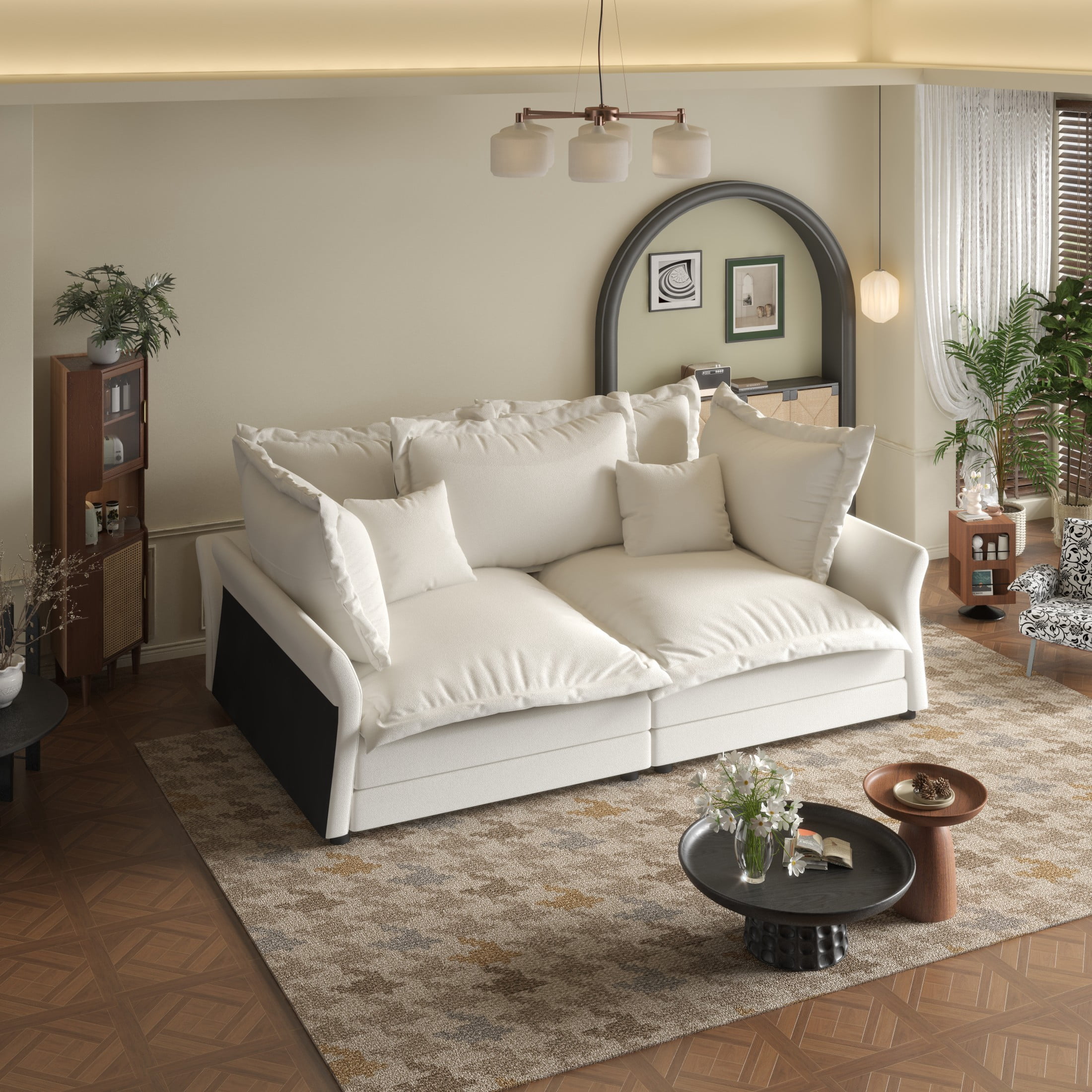Aukfa 90.55" Overstuffed Sofa Cloud Couch, Convertible Deep Seat Chaise Longue with Large Pillows for Living Room, Beige