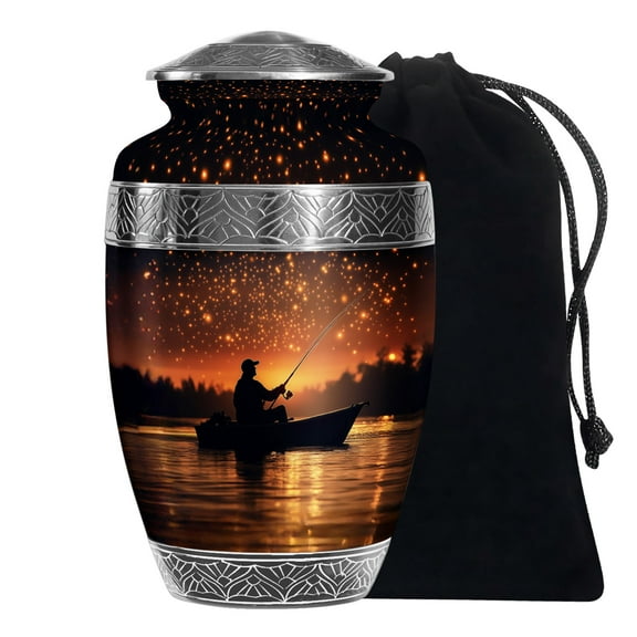 Boat With Fishing Urn For Human Ashes Adult Female, Large Cremation Urn For Ashes Male, Memorial Decorative Ashes Mom 10Inch