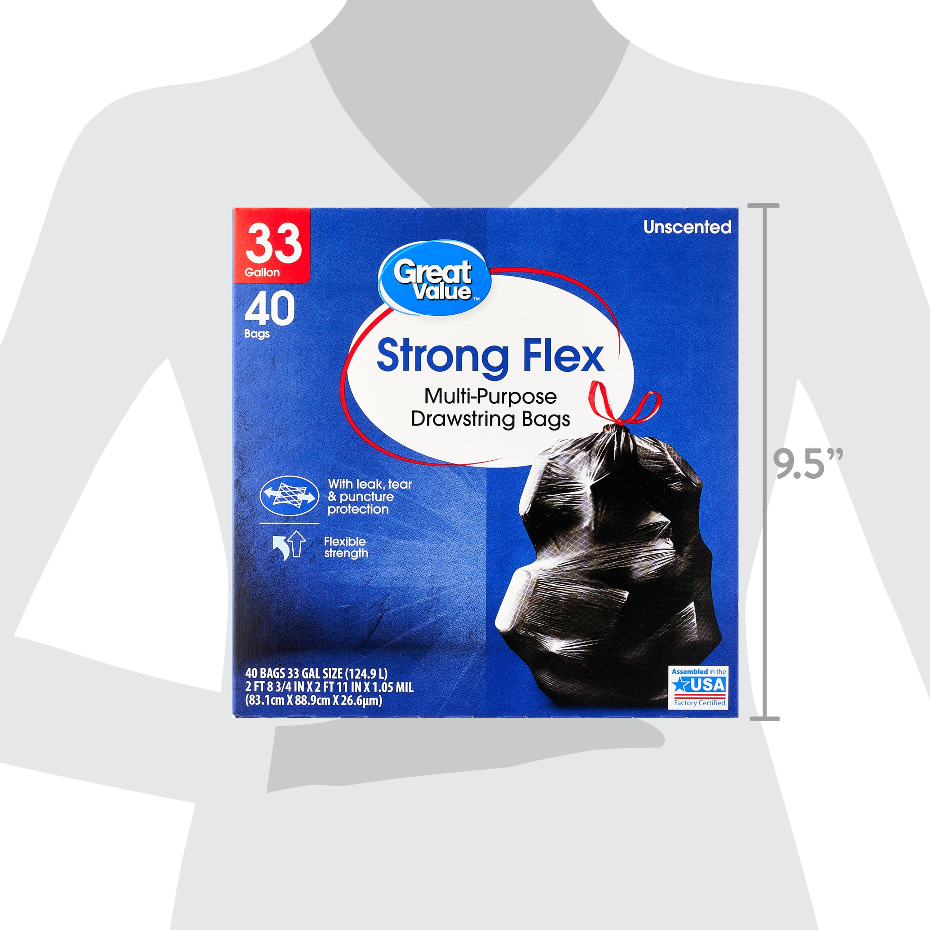 Great Value Strong Flex E65185 33 gal Drawstring Trash Bags, Unscented, 20 Bags