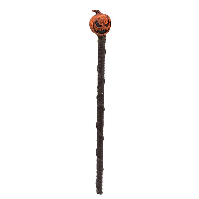 halloween children adult three break assembly wand wizard wand wizard prop Multicolor Yalasosua — Varita de mago alta con cabeza de calabaza naranja tallada y mango largo envuelto en marrón; diseño de tres piezas según especificación, accesorio de disfraz para niños y adultos, fondo blanco.