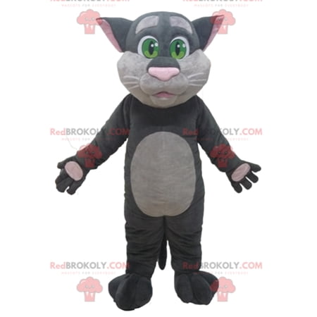 Big gray and pink cat REDBROKOLY mascot with green eyes