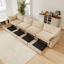 Newest 4-seater sofa,,a pull-out drawer under each seat, designed,crescent-shaped armrests,,equipped,wraparound back,arm cushions, chenille fabric, wheat colour.