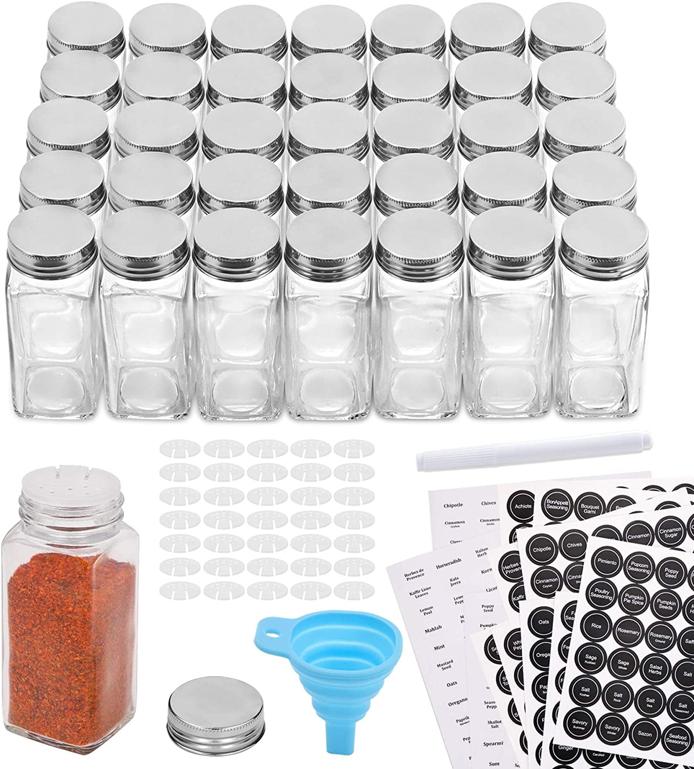 6oz Empty Square Spice Bottles with Shaker Lids and Airtight Metal Caps 30 Pcs Glass Spice Jars with Spice Labels Chalk Marker and Silicone Collapsible Funnel Included