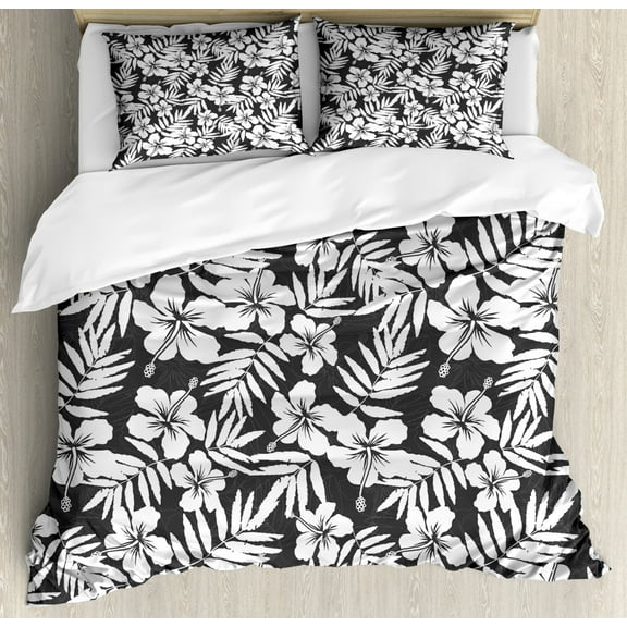 Tropical Duvet Cover Set King Size, Artisan Exotic Hibiscus Flowers Fern Leaves Pattern Nature Plant Picture Art, Decorative 3 Piece Bedding Set with 2 Pillow Shams, Grey and White, by Ambesonne