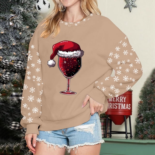 WILLBEST Chandail à Capuche Graphique de Noël pour Femmes, Col Rond, Imprimé Festif, Décontracté