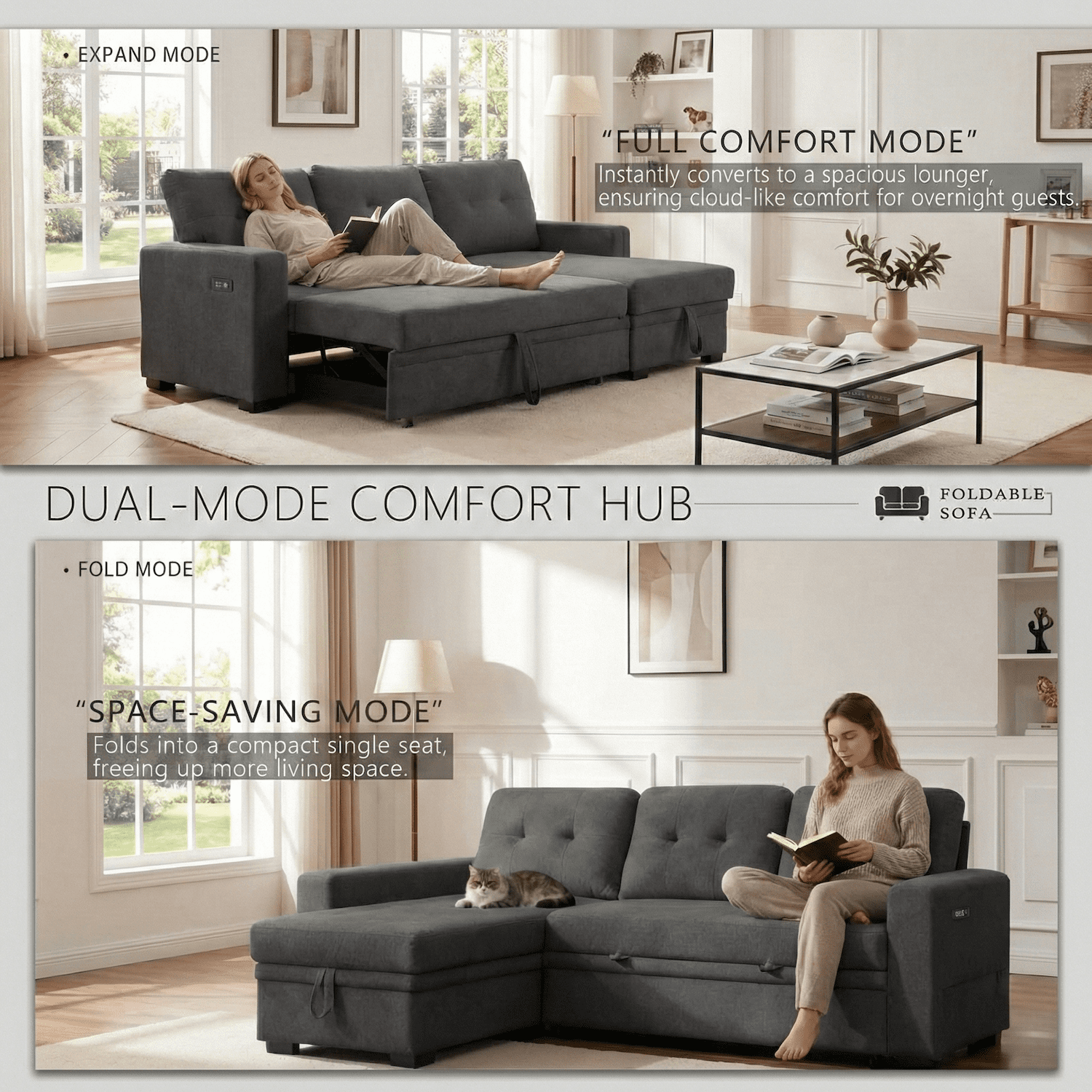 TiramisuBest Convertible Sofa Bed Couches for Living Room, 82" Sleeper Sofa with Pull Out Couch Bed, Linen Fabric L Shape Sectional Couch with Reversible Storage Chaise, USB Charging (Dark Gray)
