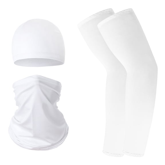 3 in 1 Ice Silk Sun Protection Set, Cooling Skull Cap Neck Gaiter Face Mask and UV Protection Arm Sleeves Combo for Cycling Motorcycle Running Outdoor Sports White