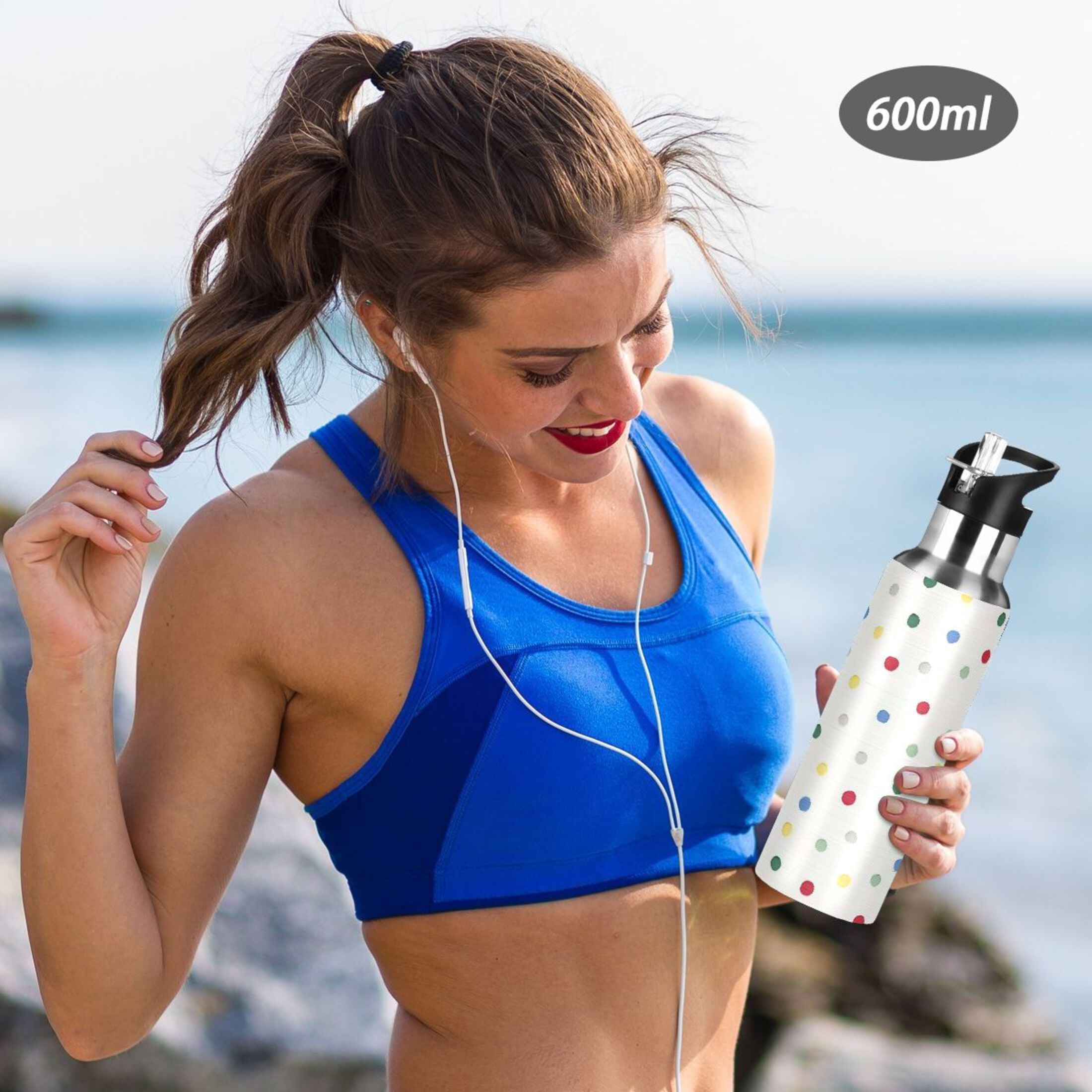 Iauyy Stainless Steel Double-Wall Vacuum Insulated Water Bottle with Straw-600ml&1000ml BPA-Free Leak-Proof for Travel Workouts Outdoor,Green Dots