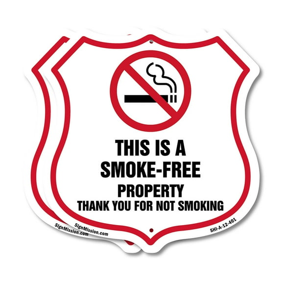 No Smoking Shield Sign This Is A Smoke Free Property Thank You For Not Smoking (2 Pack) 12 inch X 12 inch Shield-Shaped Rust-Free Aluminum Metal Signs Weather Resistant Made in the USA