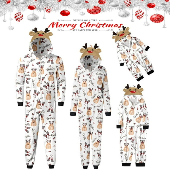 Matching Christmas Pajamas for Family Long Sleeve Elk Antler Hooded Romper Zip Up Jumpsuits