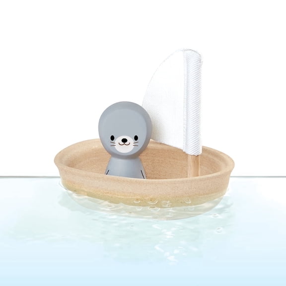 PlanToys® Wooden Sailing Boat Toy with Seal | Bath Time Water Toy for Floating Play, Imagination & Gentle Sensory Exploration | Eco Friendly Toy for Bath and Water Play