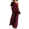 thumbnail image 3 of Women's 2 Piece Outfit One Shoulder Top and High Waist Wide Leg Pants Set, Textured Washed Crinkle Lounge Set, Casual Boho Flowy Matching Set for Summer Wine XXL, 3 of 6