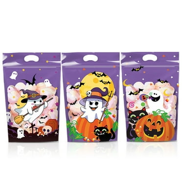 CASAFUN 50pcs Halloween Treat Bags with Drawstring Handles- Halloween Goodie Bags, Cute Ghost Pumpkin Halloween Plastic Candy Bags for Halloween Party Favors Supplies
