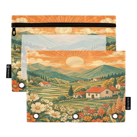 2 Pack Expandable Flip Folders with Clear PVC Window Binder Pouches 3-Ring Binder Organizer Rustic Farmhouse Landscape