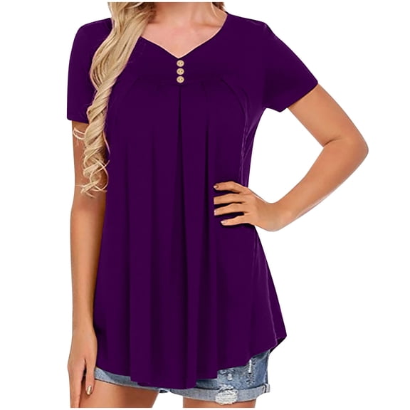Vhkiploz Tunic Tops for Women Short Sleeve Crew Neck Pleated Button Up Flowy T Shirts Loose Summer Henley Blouses to wear with leggings