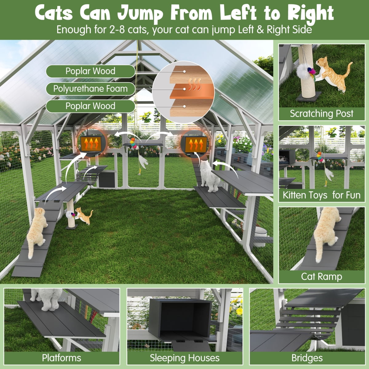 LuckyNote Large Outdoor Cat House with Planter Stand, Wooden Cat Enclosure with Resting Boxes, Hanging Bridge, Platforms, Walk-In Catio with Waterproof Cover