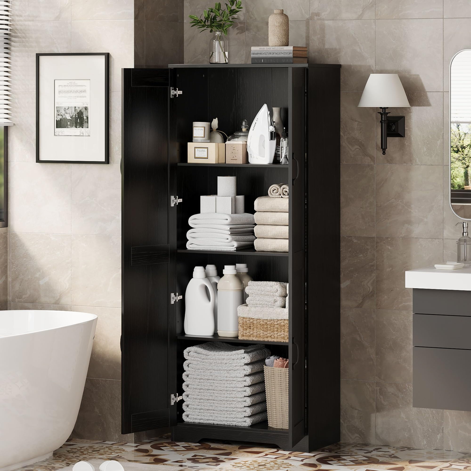 Danolapsi Kitchen Pantry Cabinet, Freestanding Black Pantry Storage Cabinet, 60" Cupboard, Tall Bathroom Storage Cabinet with 2 Doors and Adjustable Shelves, for Dining Room, Living Room