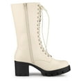 thumbnail image 3 of BLISSFUL STEP Women's Lace Up Platform Block Heel Mid Calf Combat Boots Beige 8, 3 of 7