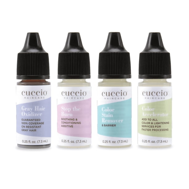 Cuccio Haircare Try Me Collection Kit - Esenciales para teñir el cabello - Incluye tratamientos oxidantes Stop The Burn y Gray Hair - Sin gluten ni parabenos - 4 piezas Cuccio Haircare Tratamiento 0.25 oz