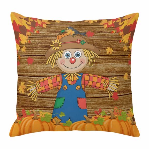 Throw Pillow Covers, Fall Thanksgiving Decorative Throw Pillow Covers 20x20 Inch, Straw Man Pumpkins Autumn Leaves Country Square Linen Pillow Cases for Couch/Living Room/Sofa
