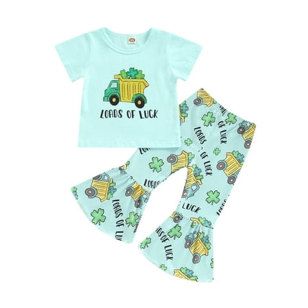 

Musuos St. Patricks Day Car Letter Print Short Sleeve T-Shirt Tops and Bell Bottom Pants
