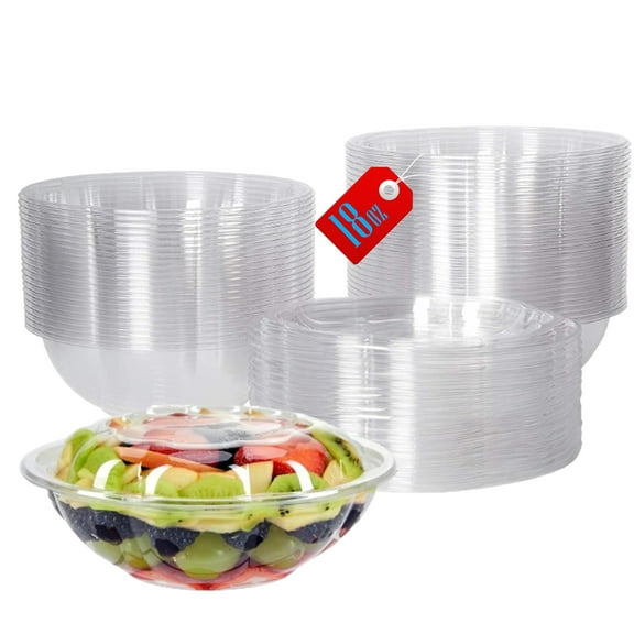 Mr Miracle Clear 18 Ounce Plastic Salad Bowls with Snap-On Lids. Pack 50. Airtight Disposable Salad Containers for Lunch, Meal Prep, Parties. Ideal as Disposable Salad Bowls with Lids