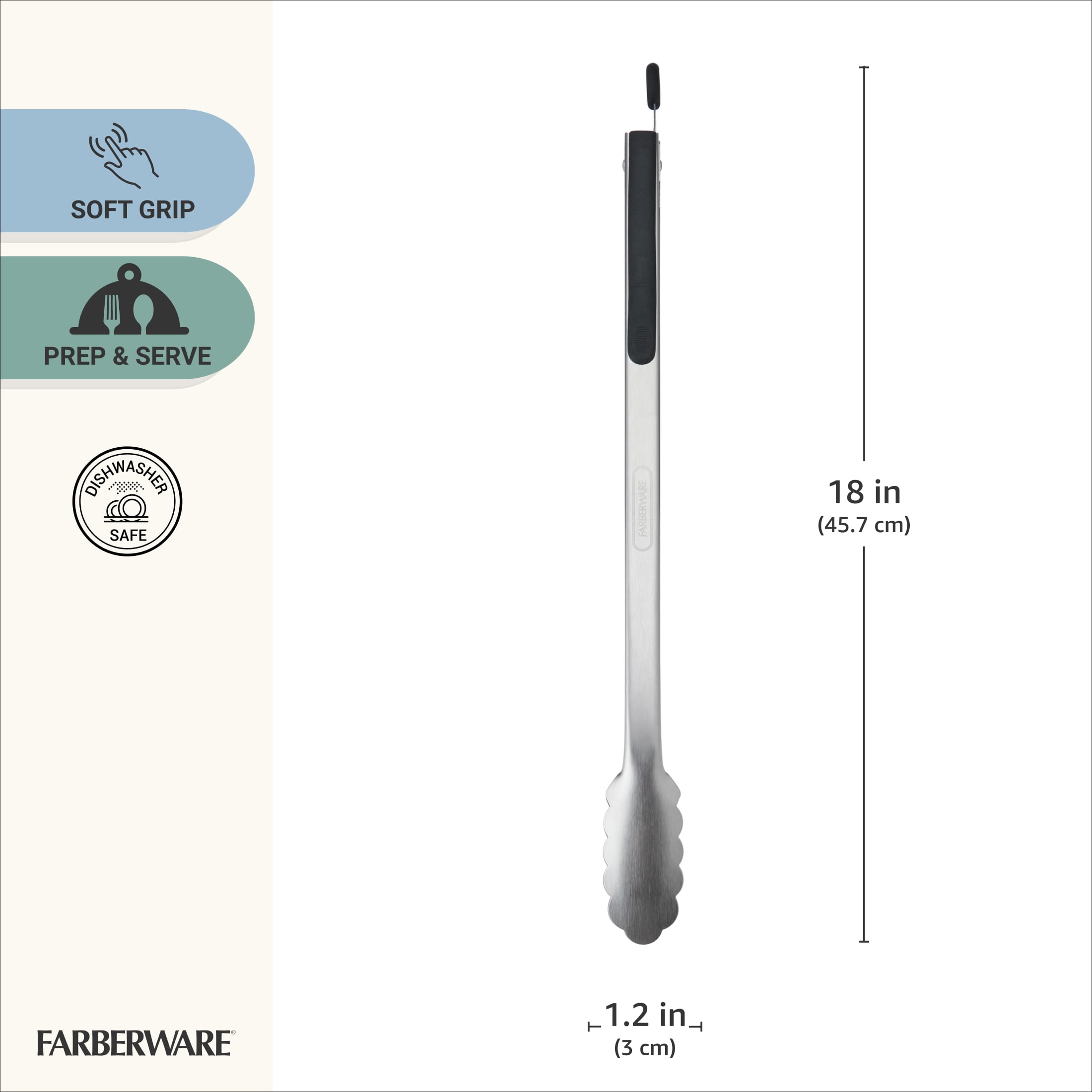 Farberware Professional 18-inch Stainless Steel Locking Food Tongs with Soft Sides