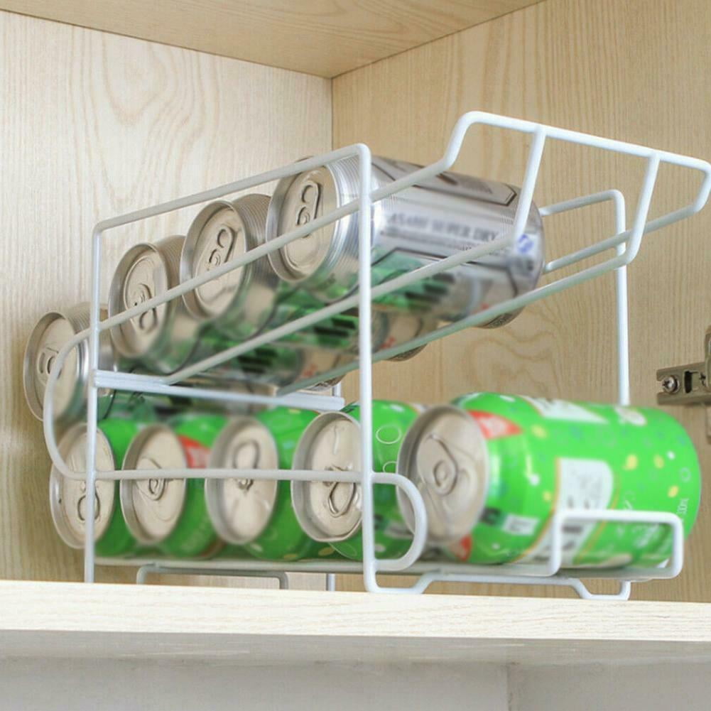 LNKOO Fridge Storage Rack, Double-Layer Can Soda Storage Rack Shelf Fridge Organizer Kitchen Drink Holder Rolling Design, Can Organizer White