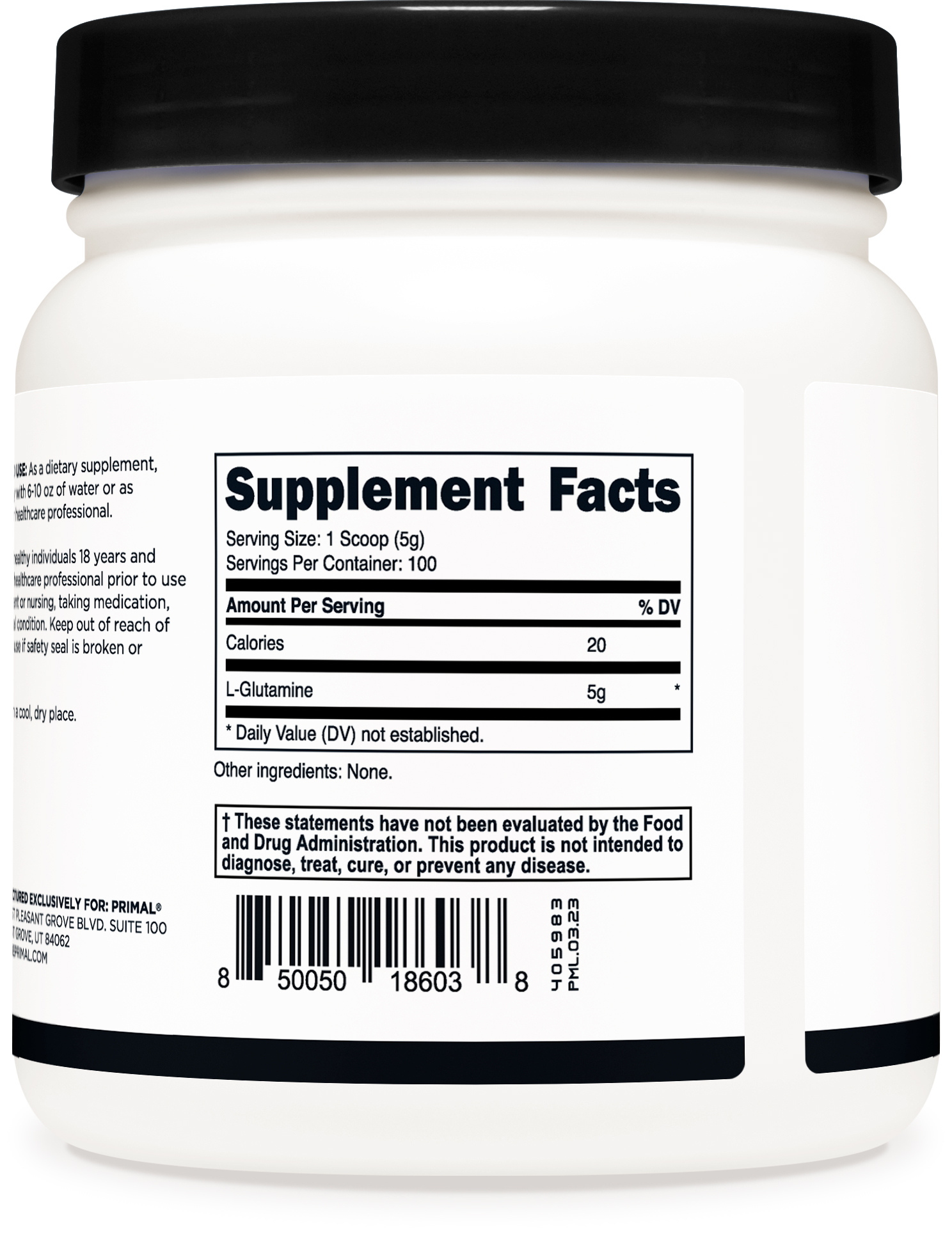 Primal L-Glutamine Powder (500 Grams, 100 Servings) | Pure Unflavored Glutamine Amino Acid for Sport & Workout Support and Performance - Gluten Free, Non-GMO Nutritional Supplement