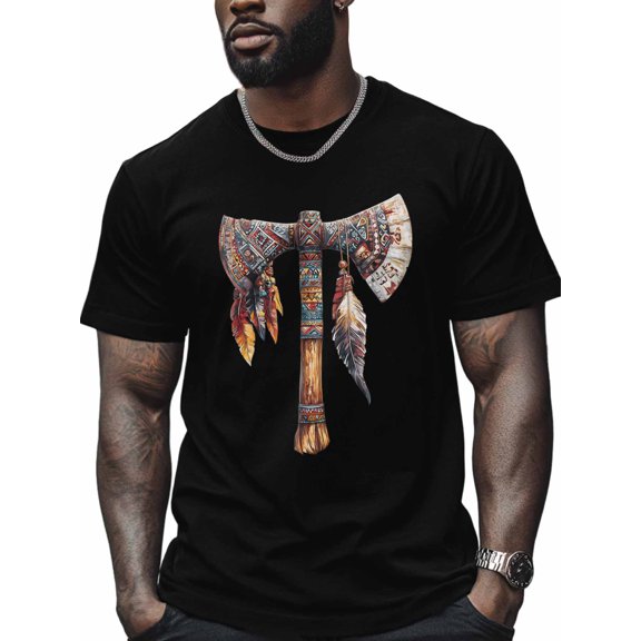 Tribal Art Men's T Shirts Tomahawk Feather T-Shirt for Men Crew Neck Tees Cotton Tops, Black, S