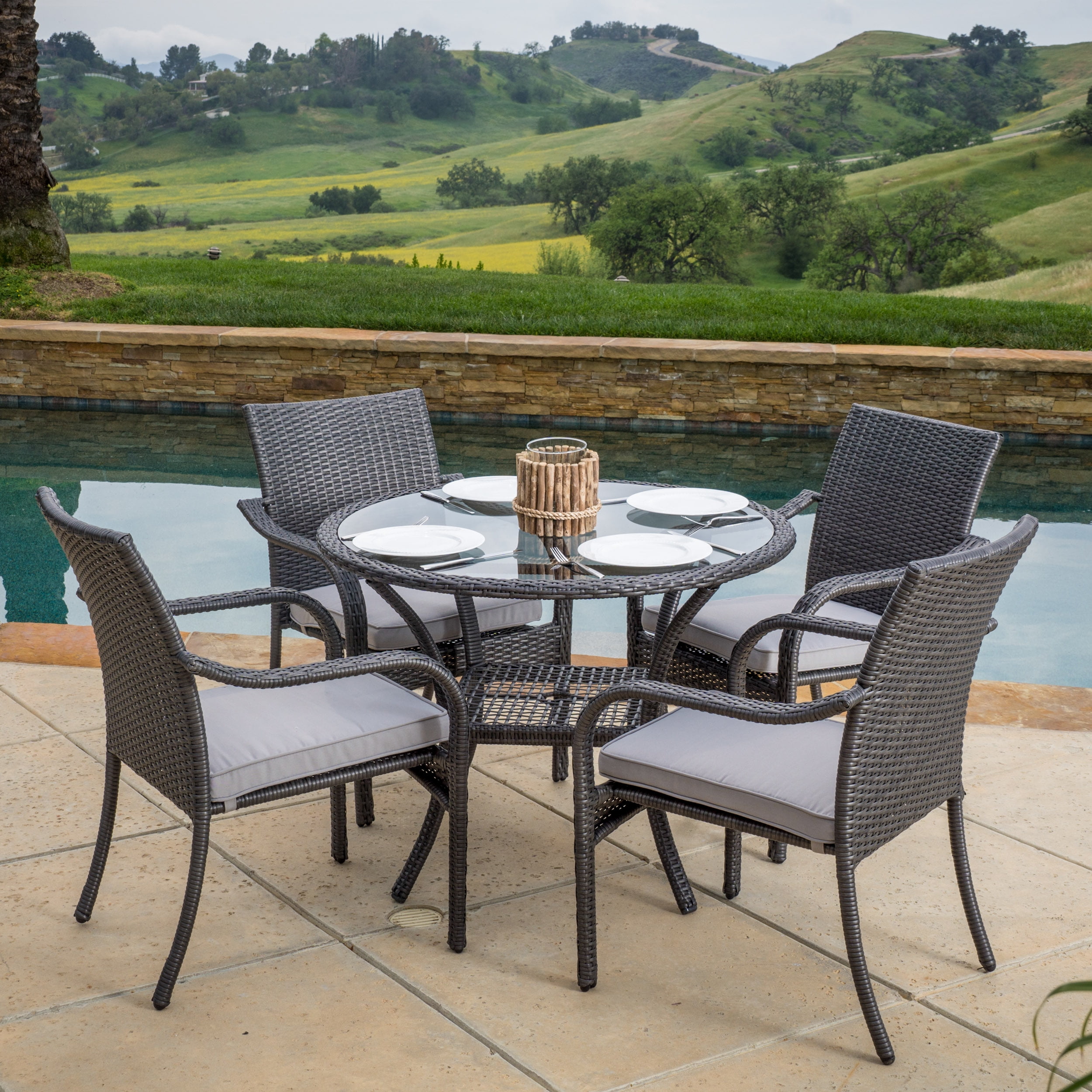 Hubbard 5 Piece Outdoor Round Glass Top Wicker Dining Set, Grey